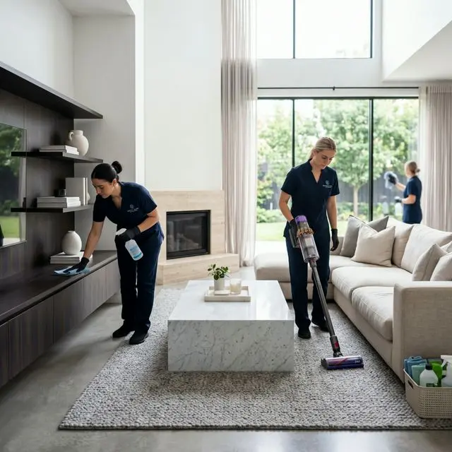 Reliable and trustworthy house cleaner smiling while holding eco-friendly cleaning supplies in a Dubai apartment