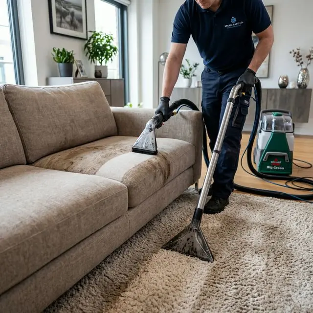 Professional technician performing hot water extraction steam cleaning on a beige fabric sofa in the UAE