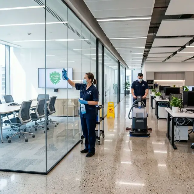 Commercial office cleaning service in Dubai by Best Shine — desks and open-plan workspace being sanitized